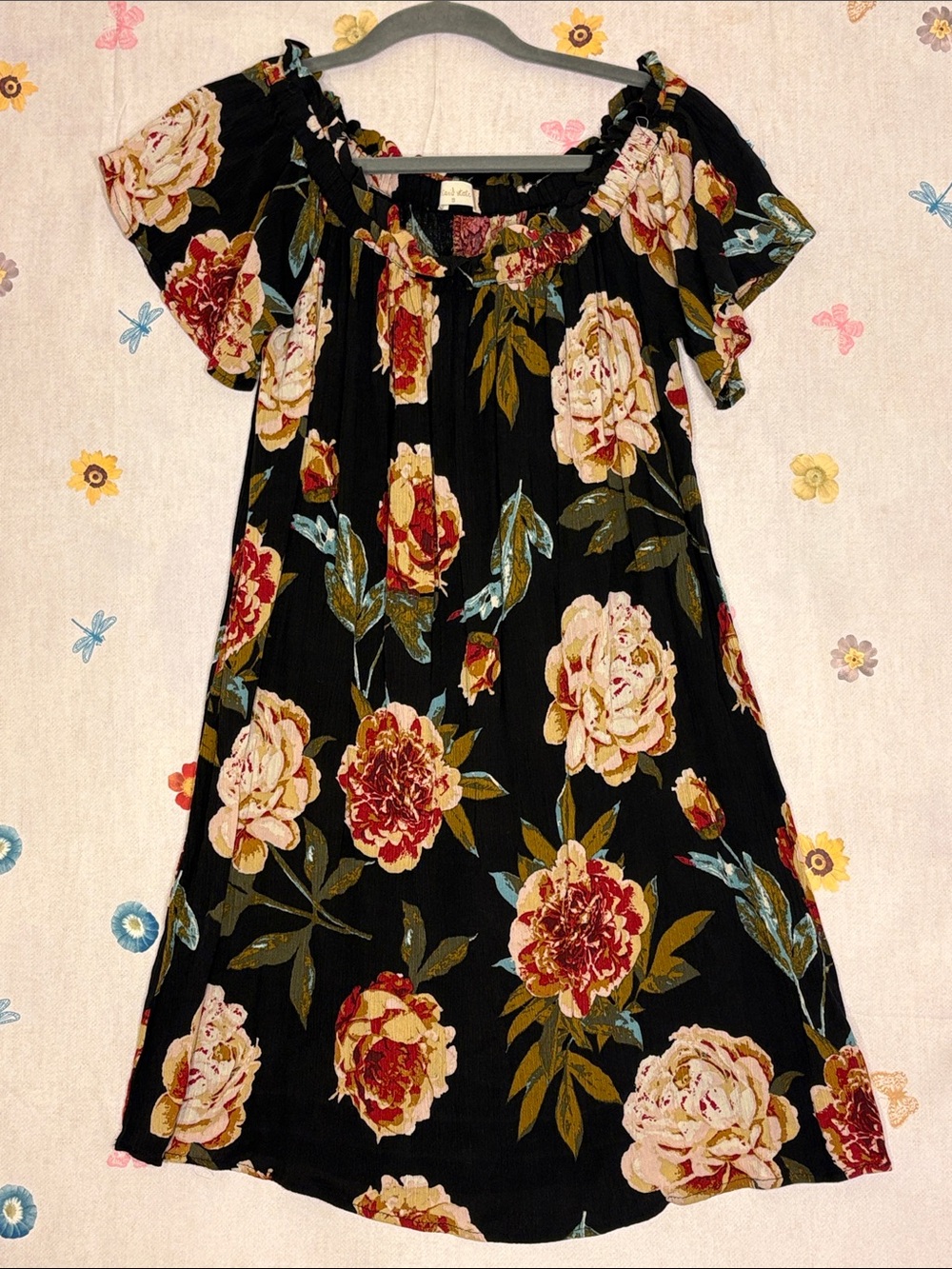Altar'd State Black Floral Off-Shoulder Girls Dress with Cream and Red Blooms